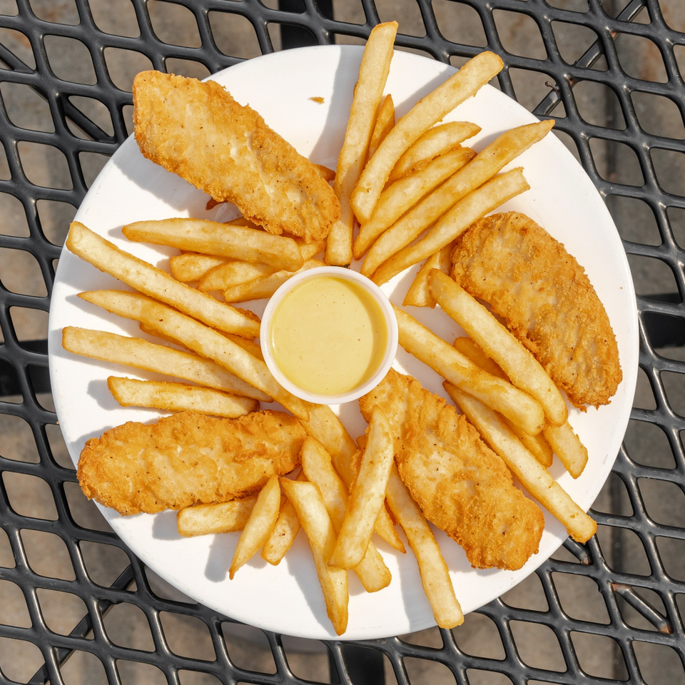 Plate of four crispy breaded fish fillets with French fries and dipping sauce on an outdoor metal table.
