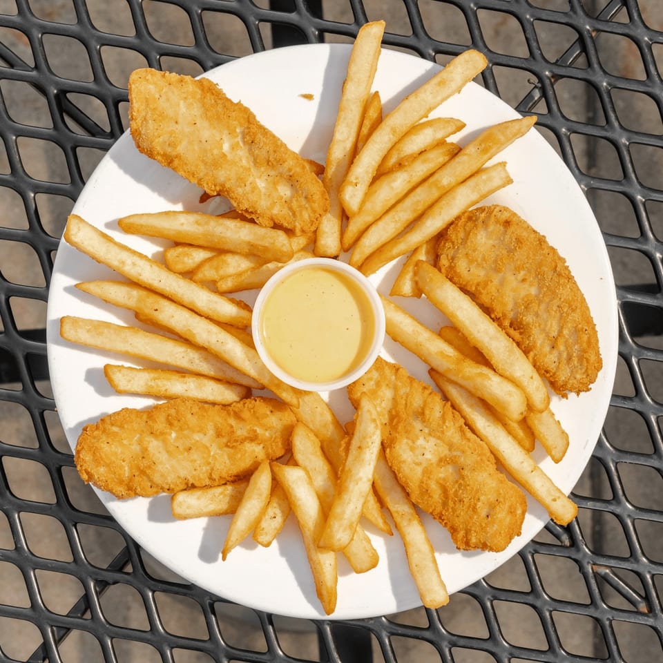 Crispy fried fish fillets and golden French fries surround a cup of dipping sauce on a white plate outdoors.